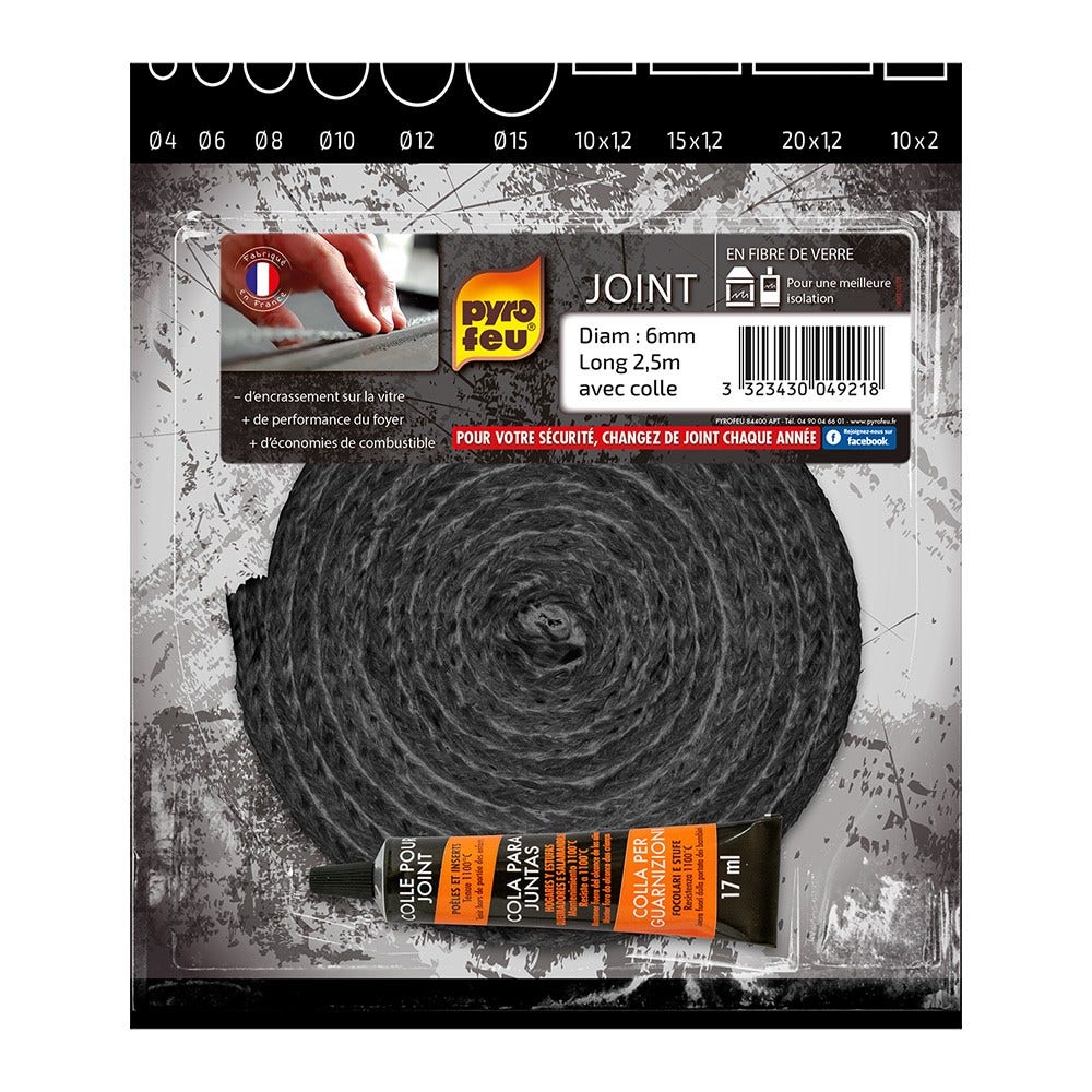 Joint Noir Pyrofeu Rond diam 6mm, longueur 2,5m, avec colle