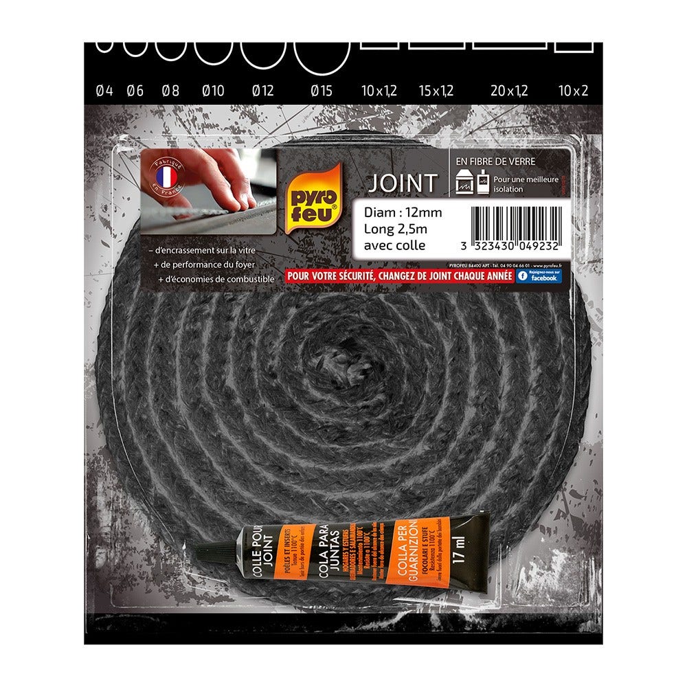 Joint Noir Pyrofeu Rond diam 12mm, longueur 2,5m, avec colle