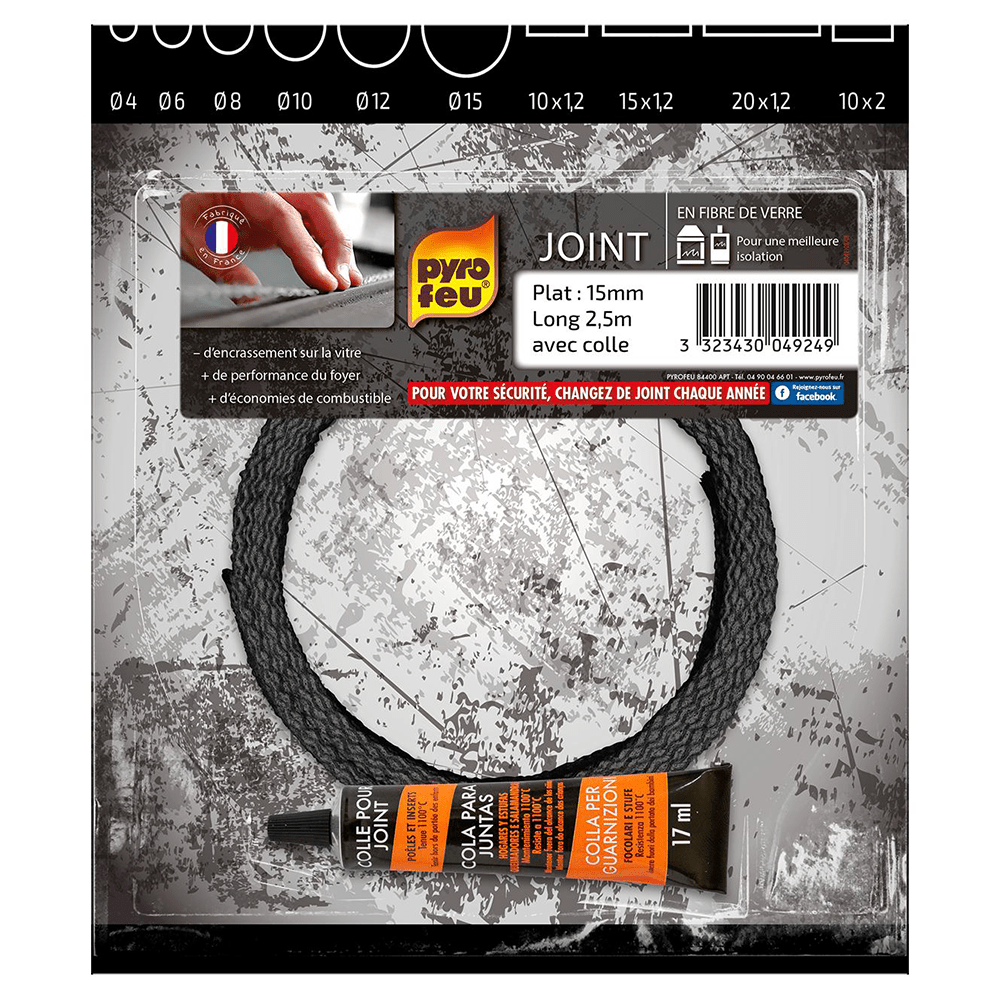 Joint Noir Pyrofeu Plat 15x1,2mm, longueur 2,5m, avec colle